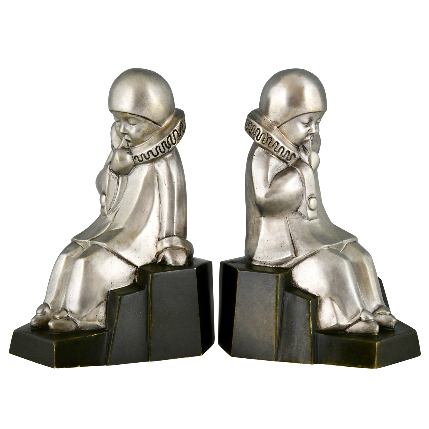 Art Deco bronzen boekensteunen met pierrots