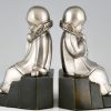 Art Deco bronzen boekensteunen met pierrots