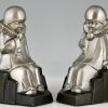 Art Deco bronzen boekensteunen met pierrots