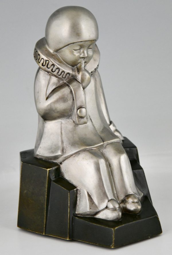 Art Deco Bronze Buchstützen Pierrot