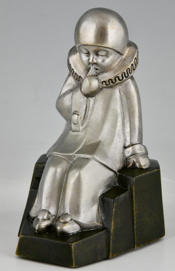 Art Deco bronzen boekensteunen met pierrots