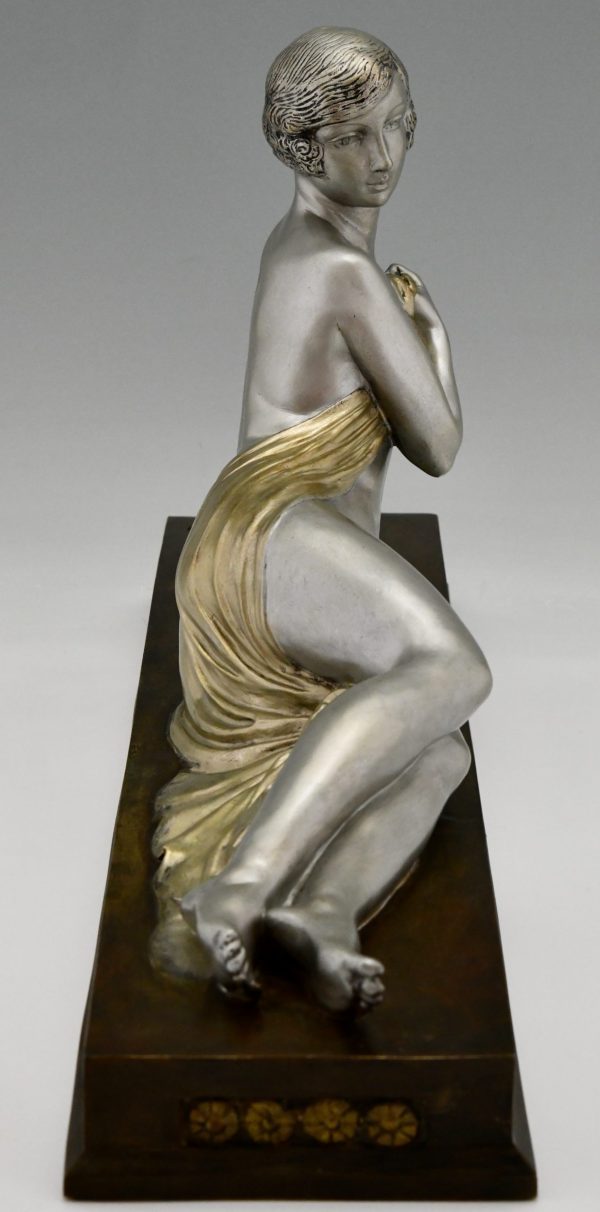 Art Deco bronze sculpture reclining nude with drape.