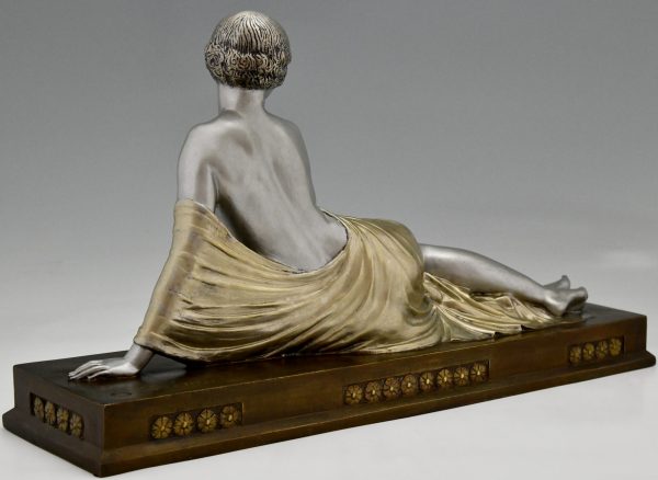 Art Deco bronze sculpture reclining nude with drape.