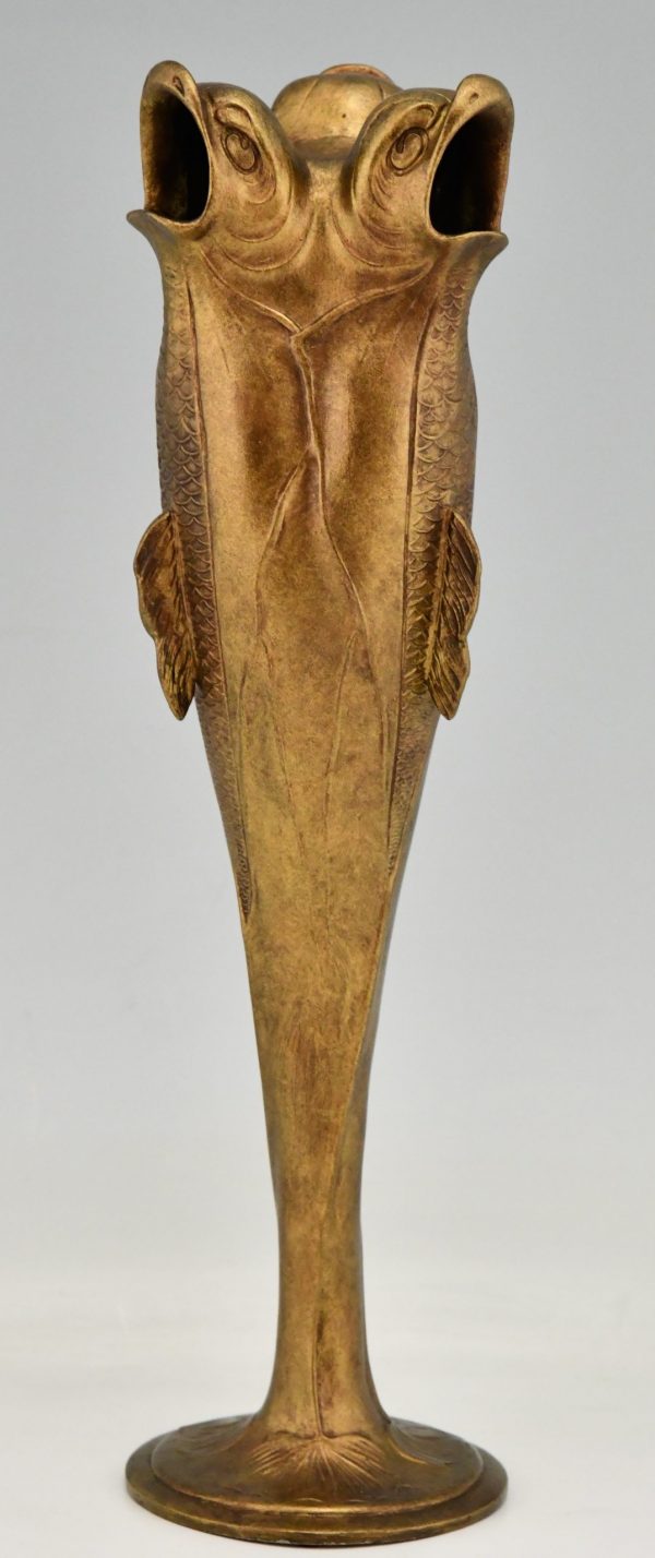 Art Nouveau pewter vase with 3 upright fish