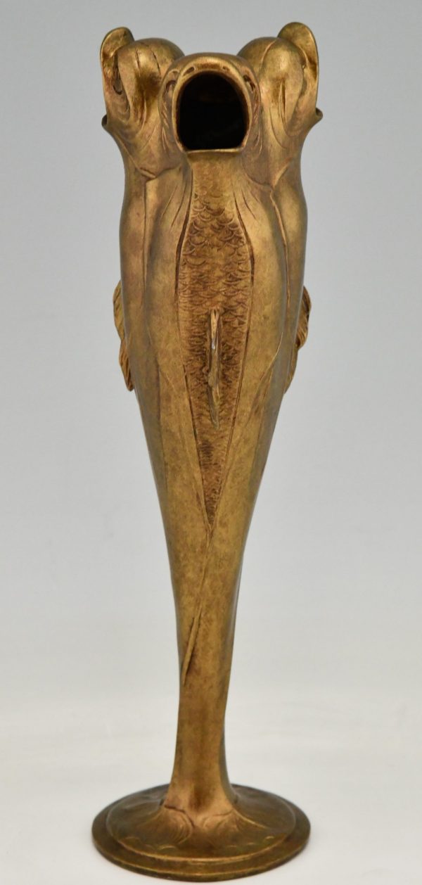 Art Nouveau pewter vase with 3 upright fish