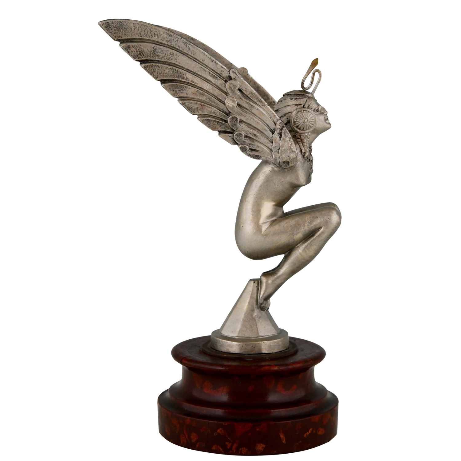 Art Deco auto mascotte in bronze, gevleugelde naakt vrouw