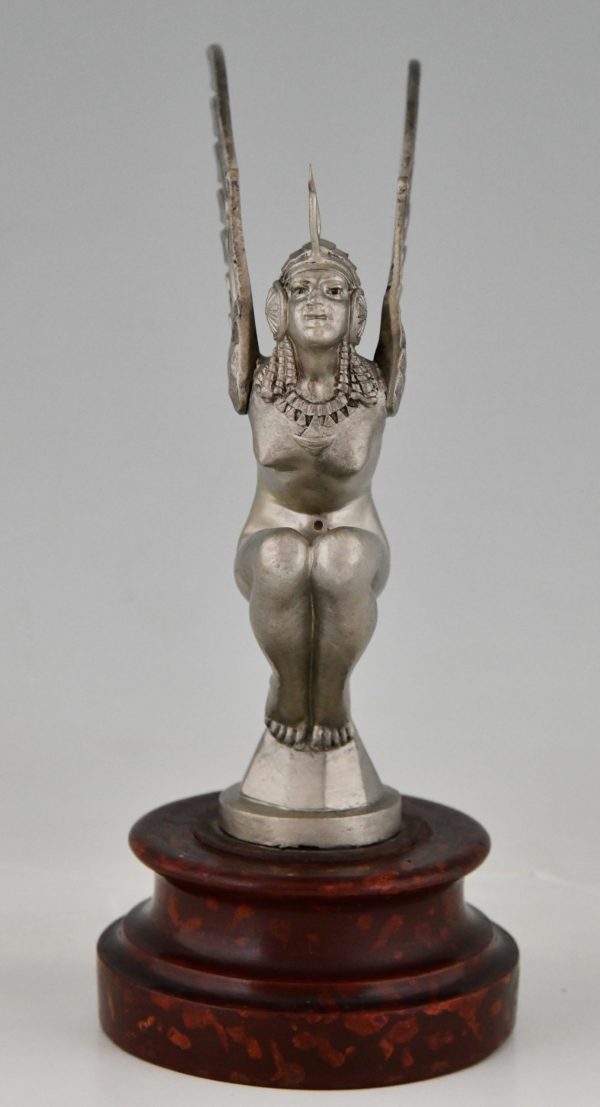 Art Deco auto mascotte in bronze, gevleugelde naakt vrouw