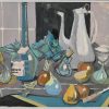 Mid Century painting still life with coffee pot, bottle and fruit on a table