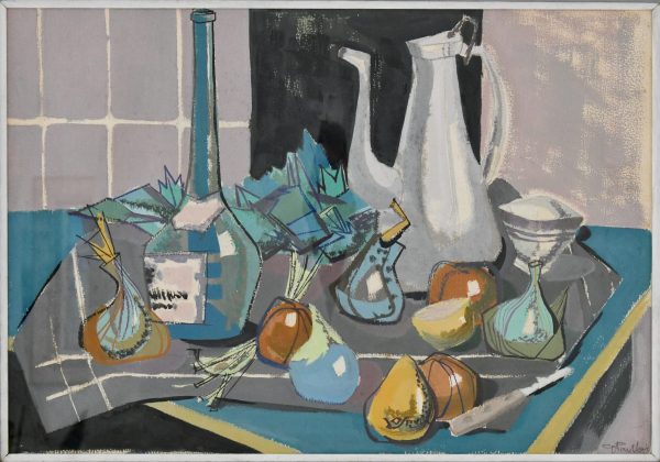 Peinture nature morte avec cafetière, bouteille et fruits sur une table.