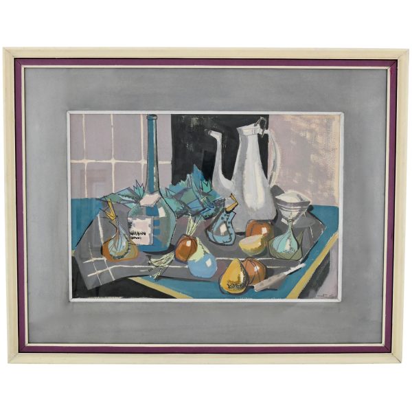 Mid Century painting still life with coffee pot, bottle and fruit on a table