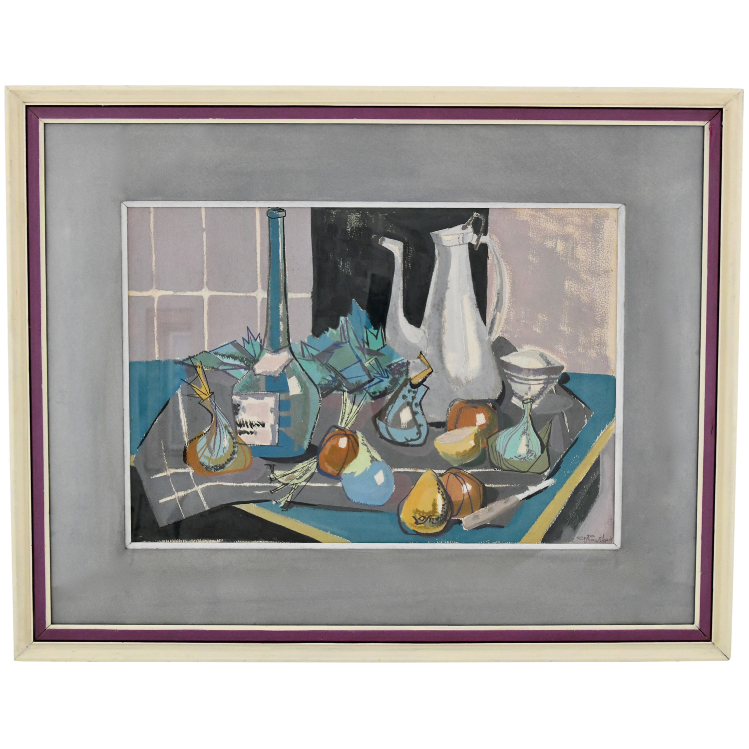 Peinture nature morte avec cafetière, bouteille et fruits sur une table.