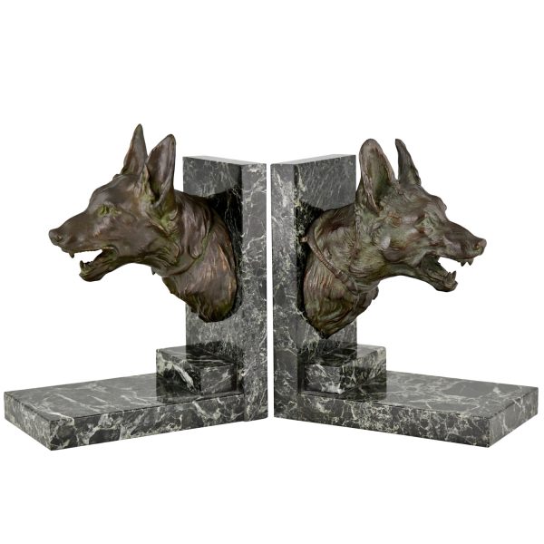 Art Deco bronze bookends with shepherd dogs.