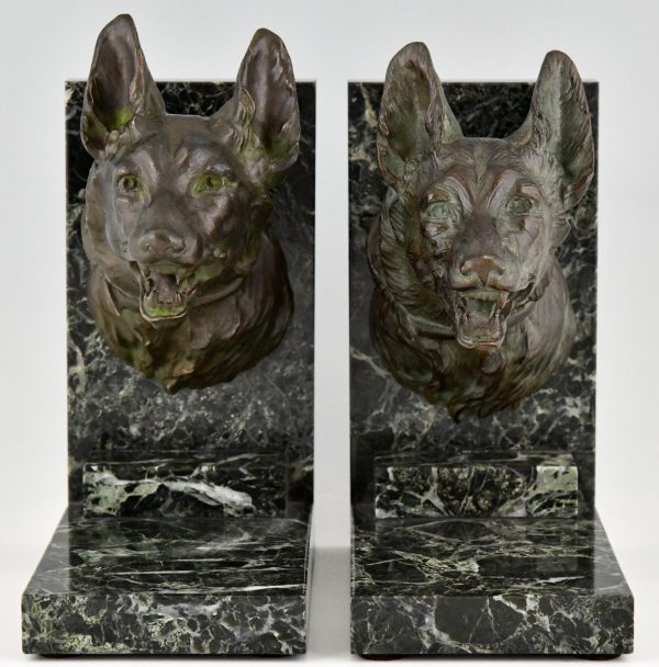 Art Deco bronze bookends with shepherd dogs.