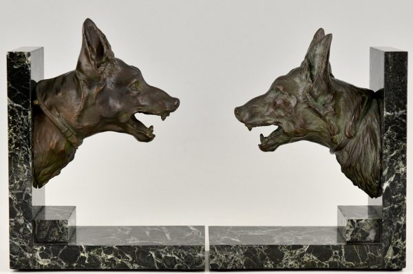 Art Deco bronzen boekensteunen met herdershonden
