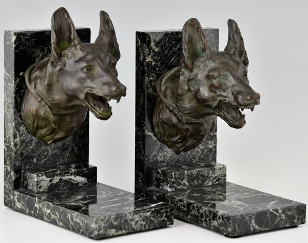 Art Deco bronze bookends with shepherd dogs.