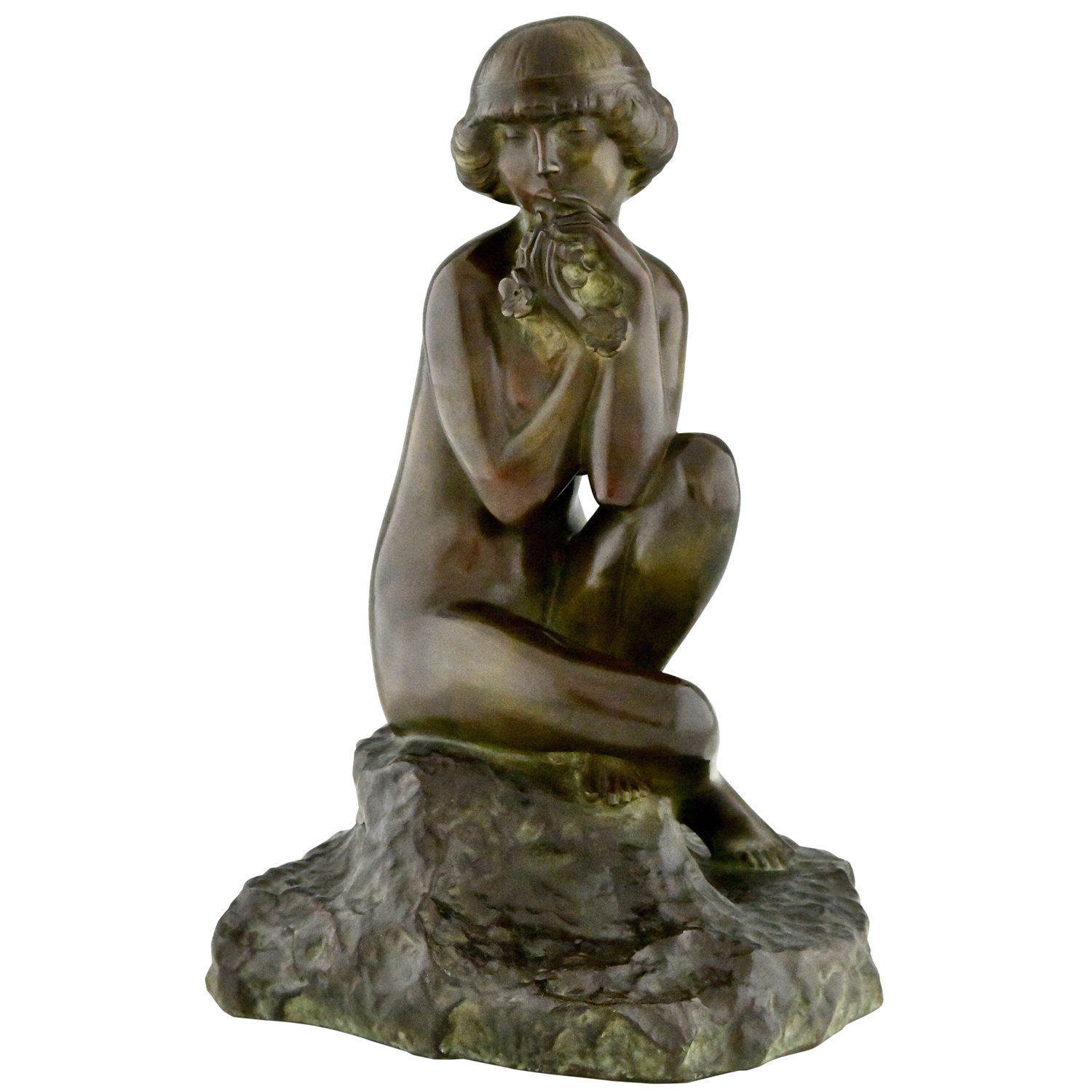 Art Deco bronze sculpture seated nude with flowers.