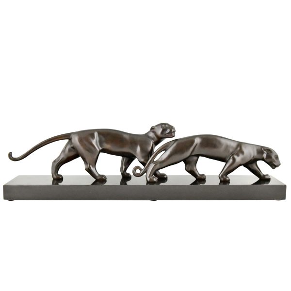 Art Deco bronze sculpture of two panthers