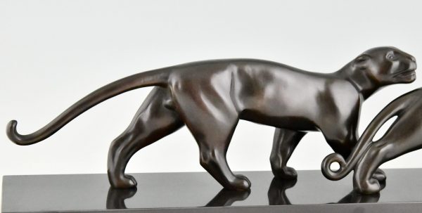 Art Deco bronze sculpture of two panthers