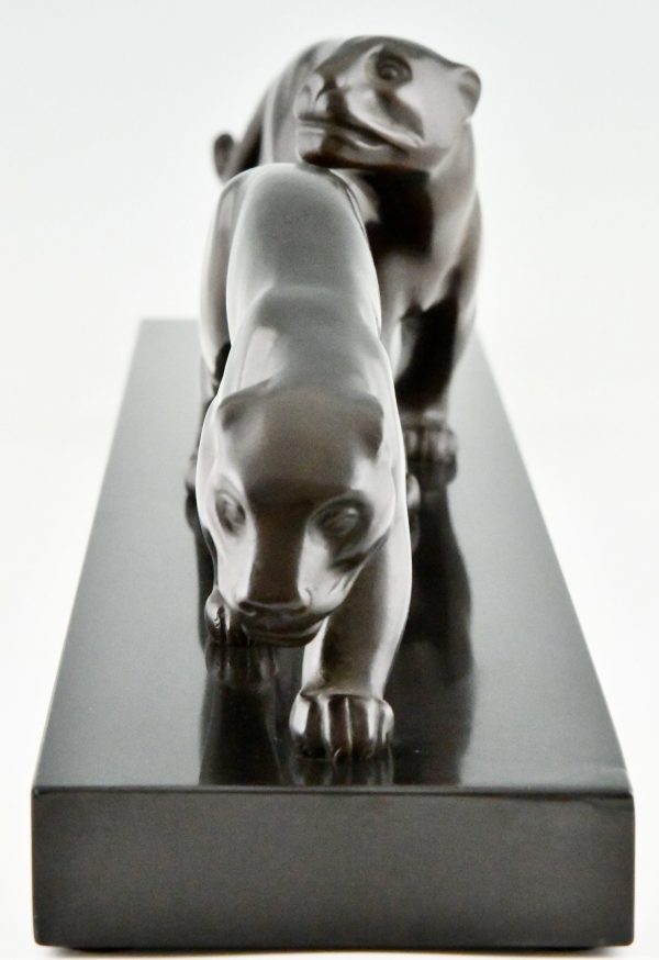 Art Deco Bronze Skulptur von zwei Panthern