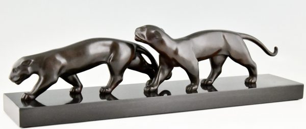 Art Deco Bronzen Sculptuur van Twee Panters