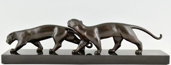 Art Deco bronze sculpture of two panthers