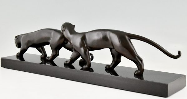 Art Deco Bronzen Sculptuur van Twee Panters