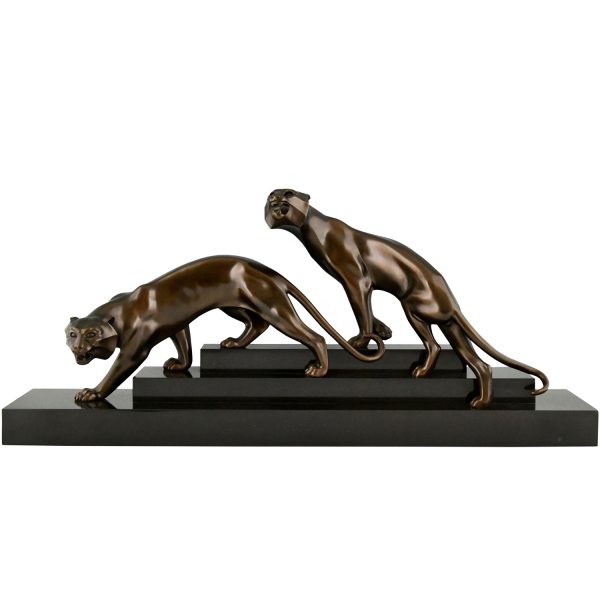 Art Deco bronze sculpture of two panthers.