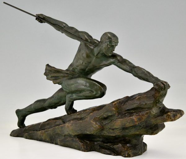 Art Deco bronze sculpture athlete with spear