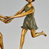 Art Deco bronzen en marmeren middenstuk met twee danseressen