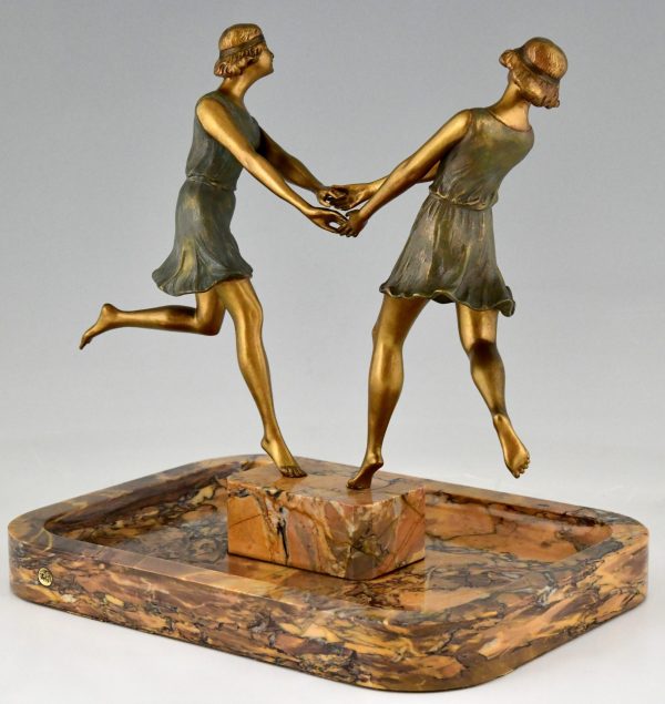 Pièce centrale Art Déco en bronze et marbre avec deux danseurs