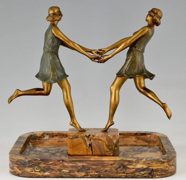 Art Deco bronze and marble center piece with two dancers