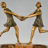 Art Deco bronzen en marmeren middenstuk met twee danseressen