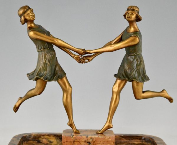 Art Deco Tafelaufsatz aus Bronze und Marmor mit zwei Tänzerinnen