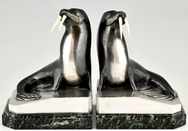 Art Deco silvered bronze walrus bookends.