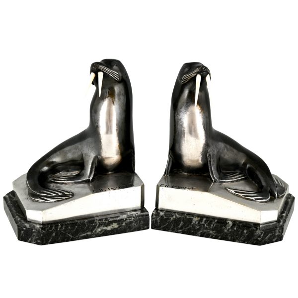 Art Deco silvered bronze walrus bookends.