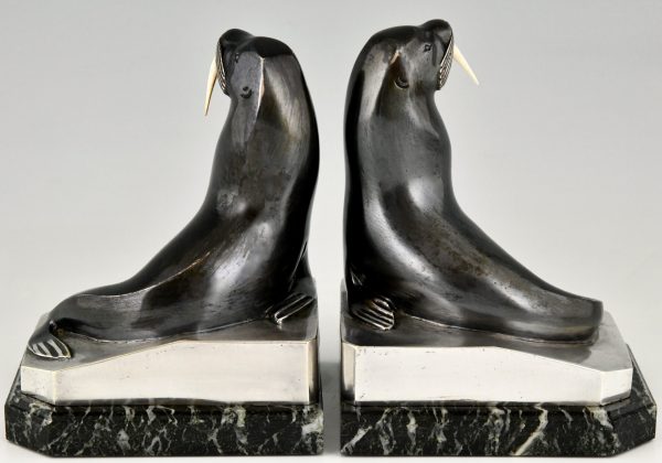 Art Deco silvered bronze walrus bookends.