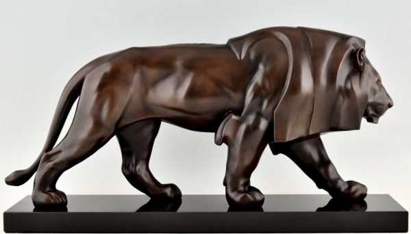 Art Deco style sculpture of a walking lion.