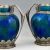 Pair of Art Deco vases blue green ceramic and bronze