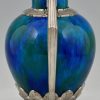 Pair of Art Deco vases blue green ceramic and bronze