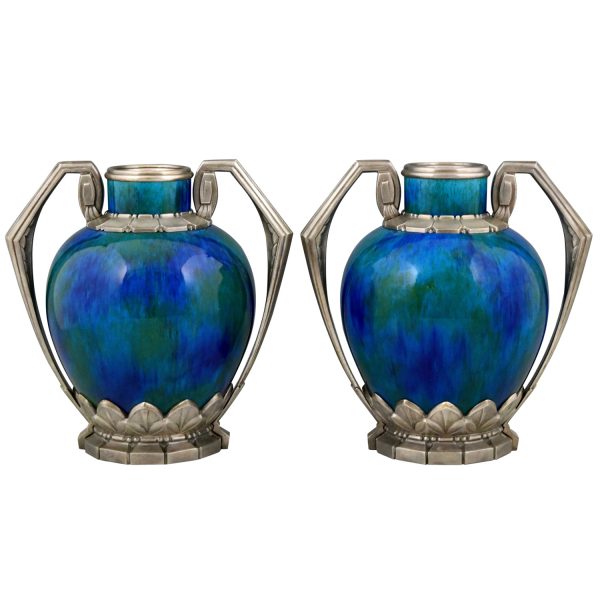 Pair of Art Deco vases blue green ceramic and bronze