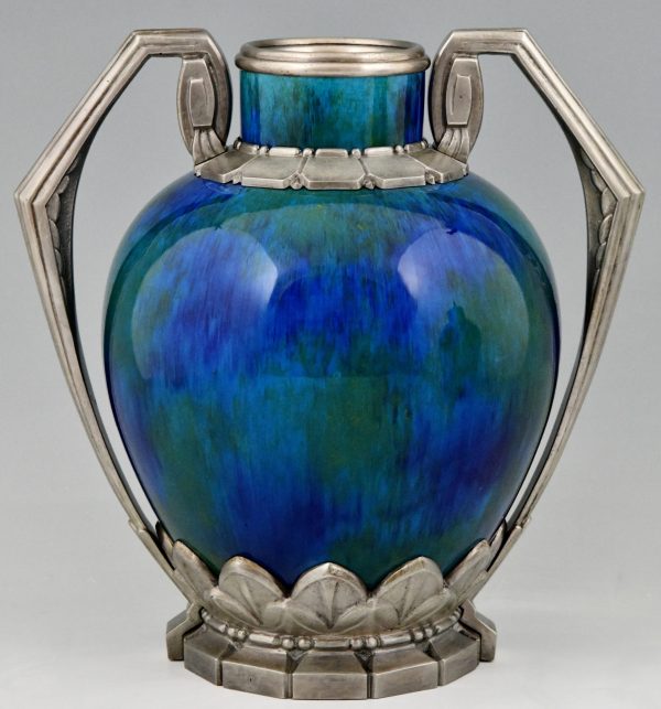 Paire de vases Art Deco céramique blue et bronze