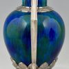 Pair of Art Deco vases blue green ceramic and bronze