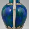 Pair of Art Deco vases blue green ceramic and bronze