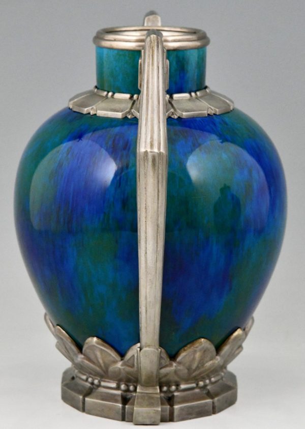 Pair of Art Deco vases blue green ceramic and bronze