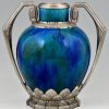 Paire de vases Art Deco céramique blue et bronze