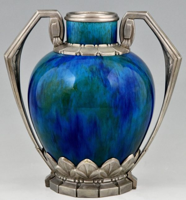 Paar Art Deco blaue Keramik Vazen mit Bronze Montur