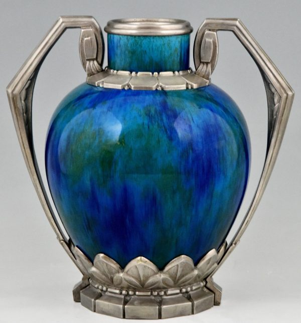 Paire de vases Art Deco céramique blue et bronze