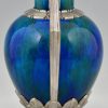 Pair of Art Deco vases blue green ceramic and bronze