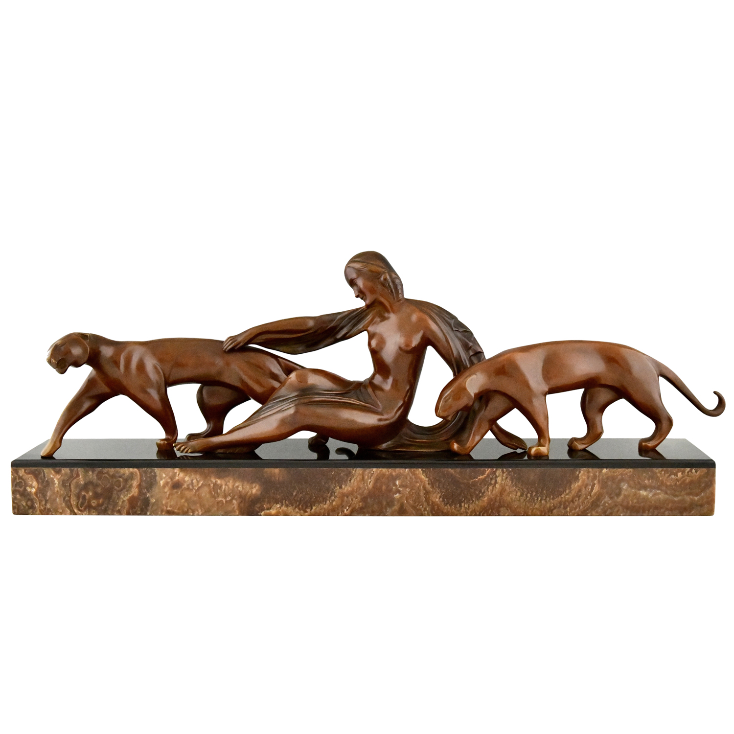 Art Deco Bronze Sculpture Lady with two panthers