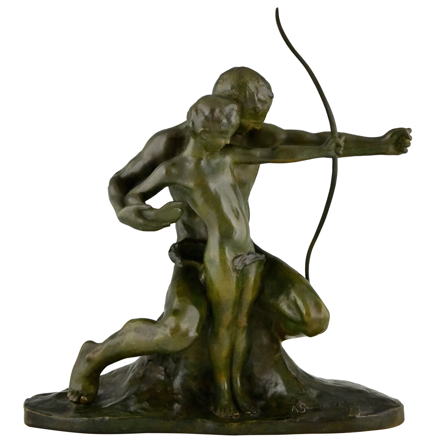 Art Deco bronze sculpture archer learning a boy to use a bow